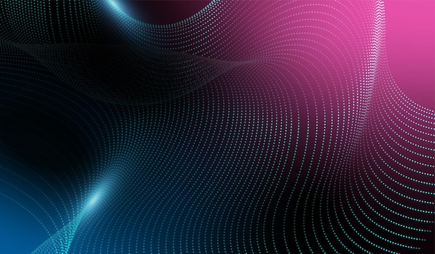 Vector an abstract wave pattern made of glowing dots transitioning from teal to pink set against a dark