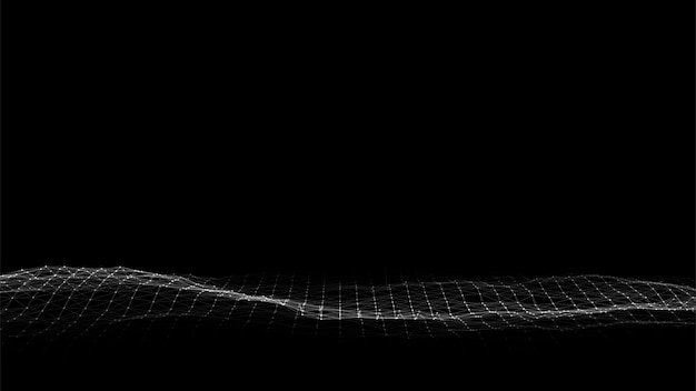 Vector abstract wave with light on black background science background with moving dots and lines network connection technology digital structure with particles vector illustration
