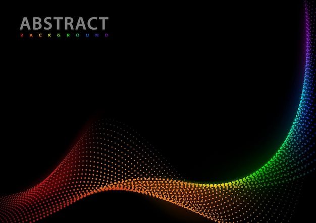 Vector abstract wavy dotted mesh in rainbow colors on black background
