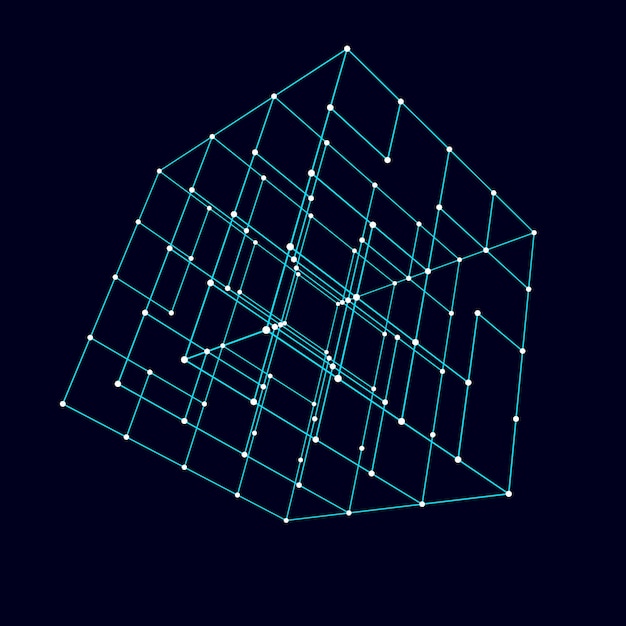 Vector abstract wireframe cube whith connection dots and lines digital blockchain concept and data transfer system storage cells of datas vector illustration
