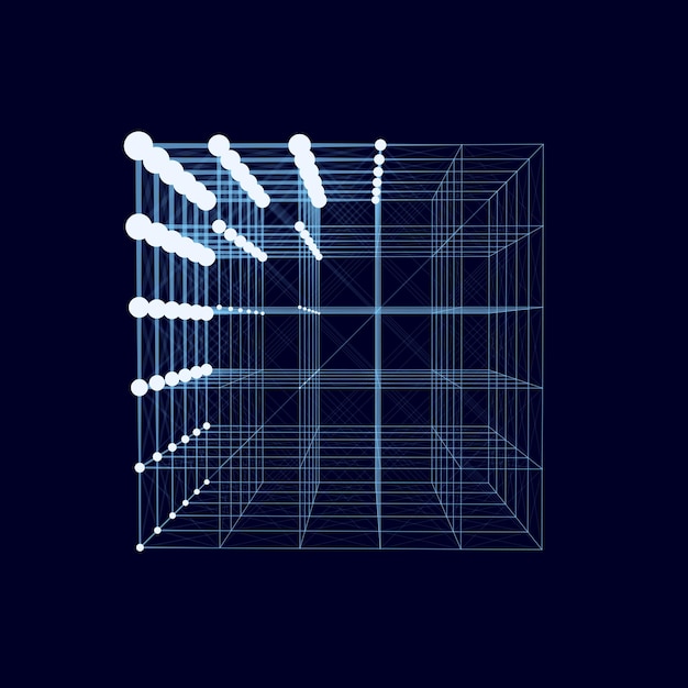 Vector abstract wireframe cube whith connection dots and lines digital blockchain concept and data transfer system storage cells of datas vector illustration