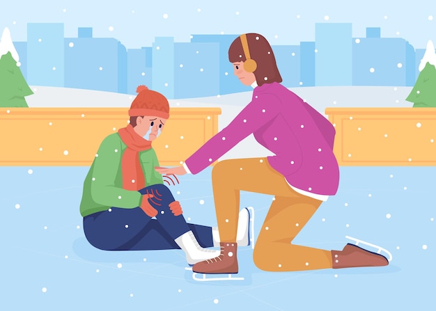 Vector accident on ice rink flat color vector illustration