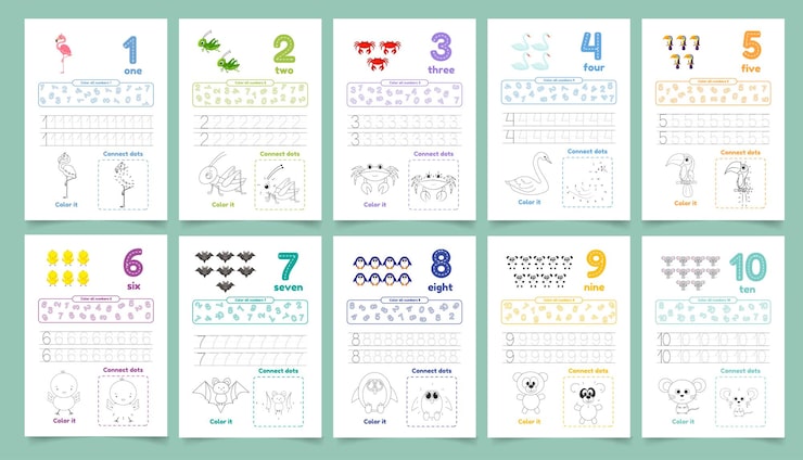 Vector activity worksheets for kids with many exercises learn number from 1 to 10 trace color dot to dot