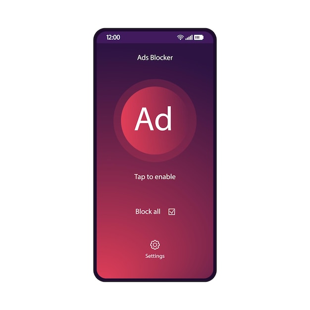 Vector adblock app smartphone interface vector template mobile utility page purple design layout antimalware application screen turn off advert plugin flat gradient ui tap to enable button phone display