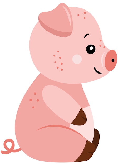 Vector adorable pink piglet sitting smilingly