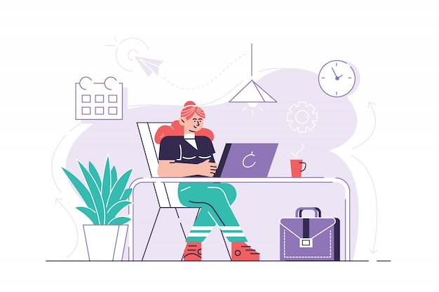 Vector adorable woman sitting at desk and working on laptop computer. cute young female worker, creative freelance worker or writer at workplace. work routine. modern flat cartoon colorful  illust