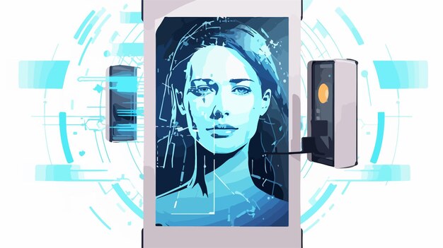 Vector advanced face recognition technology with womans head in identification