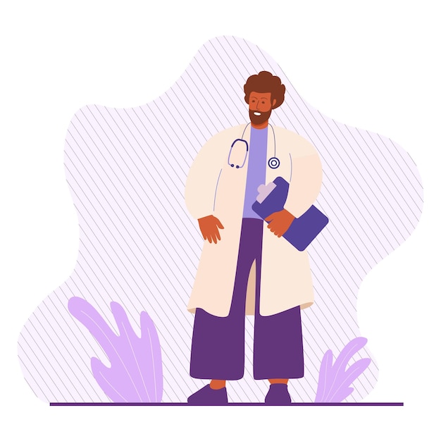 Vector african american male doctor wearing white coatportraits of male medical workermedical staff