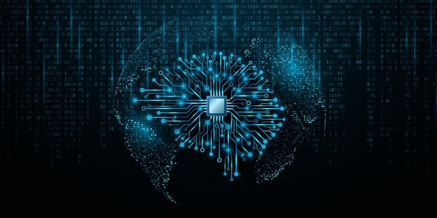 Vector ai brain with cpu chip and glowing circuit board futuristic world map with decaying binary code artificial intelligence analyzes big data vector illustration