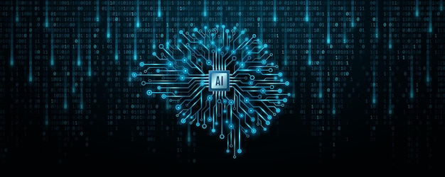 Vector ai brain with cpu microchip and glowing circuit board futuristic flowing binary code into cyberspace artificial intelligence with processor analyzes big data vector illustration