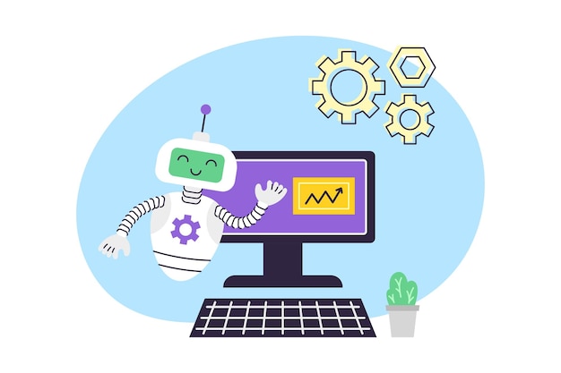 Vector ai robot assistant points at computer artificial intelligence data analytics business and education