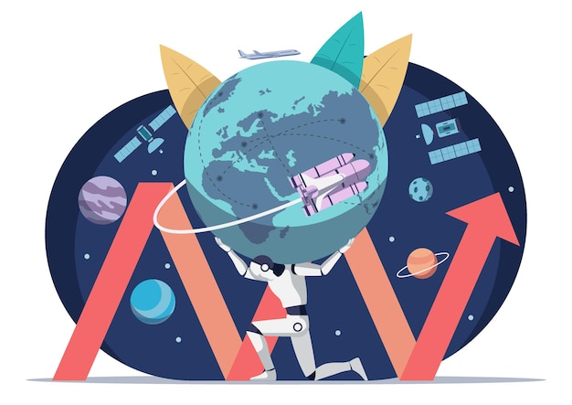 Vector ai robot carrying the world and develop everything like environment communication transportation and space technology. ai artificial intelligence robot technology and globalization era concept.