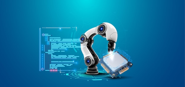 Vector ai robot or cyborg and microchip technology automation isolated vector robotic arm with digital circuit connections symbolizing innovation and advanced engineering concepts for tech projects