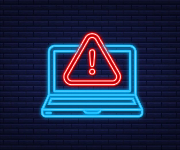 Vector alert message laptop notification. neon icon. danger error alerts, laptop virus problem or insecure messaging spam problems notifications. vector illustration.