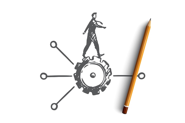 Vector algorithm, data, user, element, software concept. hand drawn man on cogwheel and scheme concept sketch. 
