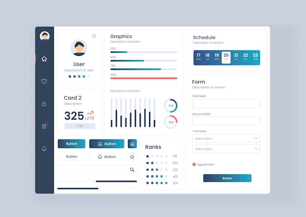 Vector analytics dashboard user interface with diverse data visualization analytics dashboard user interface that includes a variety of charts and tables for efficient data management and monitoring