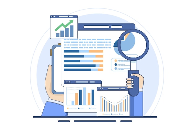 Vector analytics and monitoring concept or web reporting dashboard and data analytics research