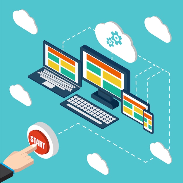 Vector analytics and programming vector. web application optimization. responsive pc. cloud technology