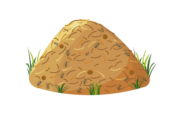 Vector anthill outside above the ground in grass isolated on white