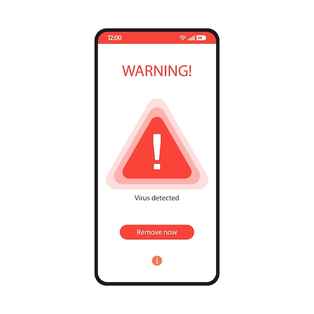 Vector antivirus app smartphone interface vector template. mobile security application white page design layout. virus detected warning message on screen display. flat ui. malware phone protection software