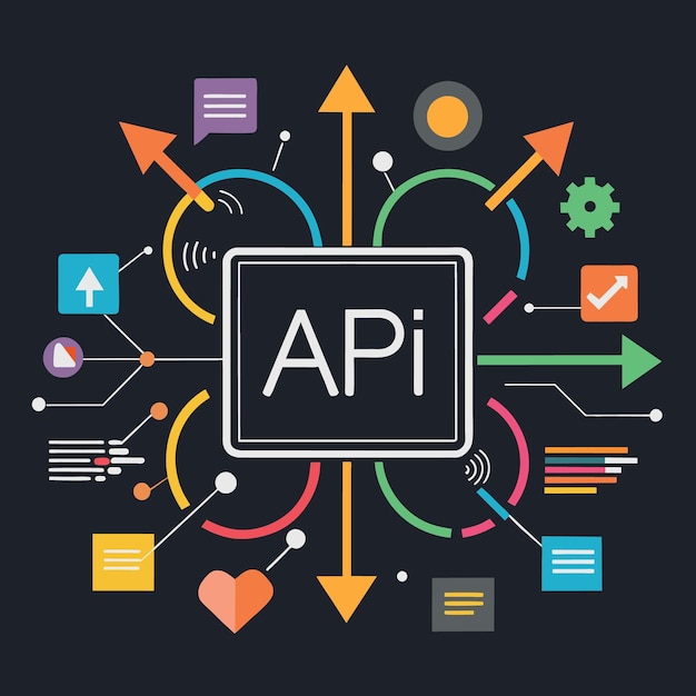 Vector api application programming interface concept multi color arrows pointing to the word api at the