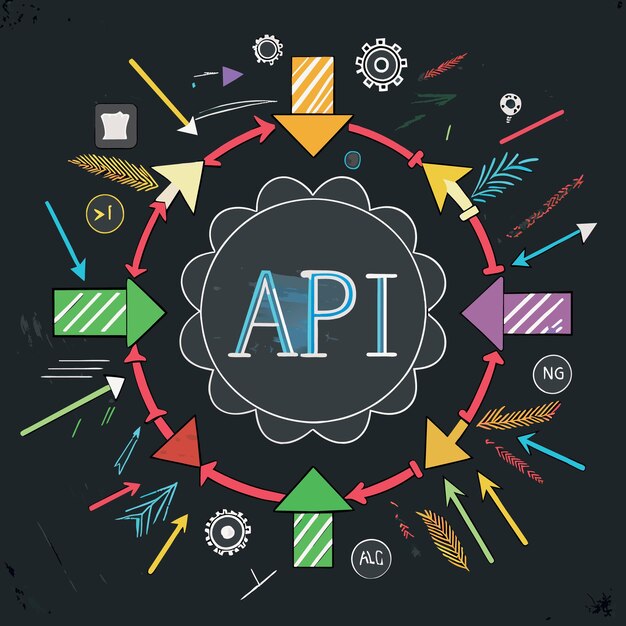 Vector api application programming interface concept multi color arrows pointing to the word api at the