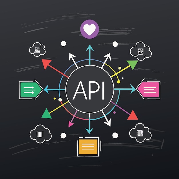 Vector api application programming interface concept multi color arrows pointing to the word api at the