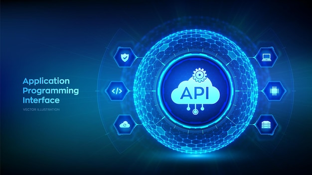 Vector api application programming interface in the shape of sphere with hexagon grid pattern software development tool cloud computing information technology and business concept vector illustration