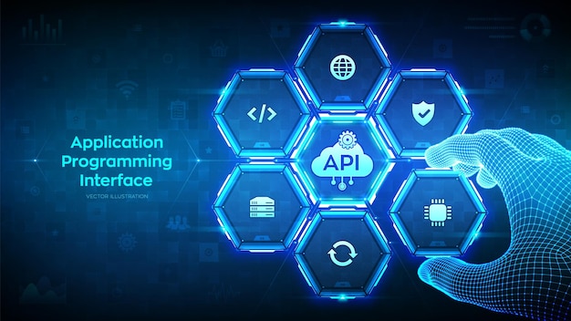 Vector api application programming interface software development tool cloud computing technology concept wireframe hand places an element into a composition visualizing api vector illustration