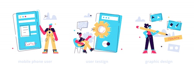 Vector app creation steps. user interface development, bug fixing, public release. mobile phone user, user testing, graphic design metaphors