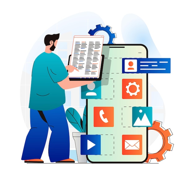 Vector app development concept in modern flat design programmer coding program code