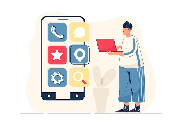 Vector app development concept for web banner man creates interface layout of mobile apps