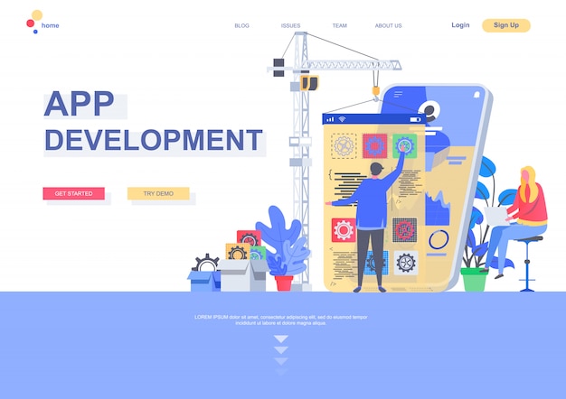 Vector app development flat landing page template. front end and back end development, developer create mobile application situation. web page with people characters. software engineering illustration