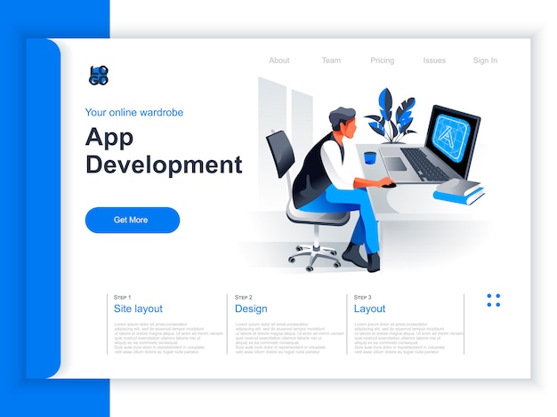 Vector app development isometric landing page. programmer working with computer in office situation. ui, ux responsive design, application programming and testing cross platform code perspective flat design.