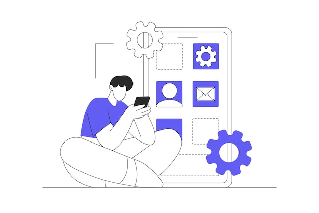 Vector app development man programming and creating responsive layout working with applications button