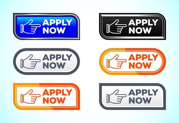 Vector apply now web button set of different shapes and colors suitable for mobile app and website ui design