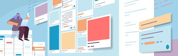 Vector arab man developer using smartphone creating mobile app ui interface web application development program software optimization concept horizontal full length vector illustration