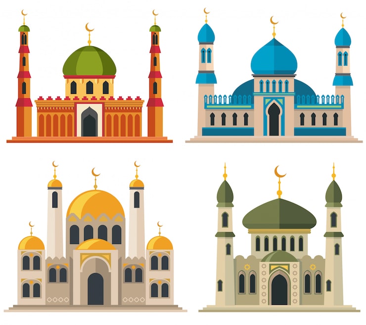 Vector arabic muslim mosques and minarets. religious eastern architecture cartoon buildings.