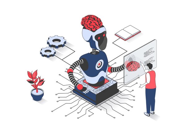 Vector artificial intelligence 3d isometric concept with isometry people design for web man programming robot brain using ai servers and virtual chatbot developing robotic technology vector illustration
