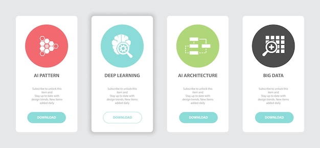 Vector artificial intelligence 4 webpage banners concept template with ai pattern, deep learning, ai architecture, big data icons. trendy web ui design concept