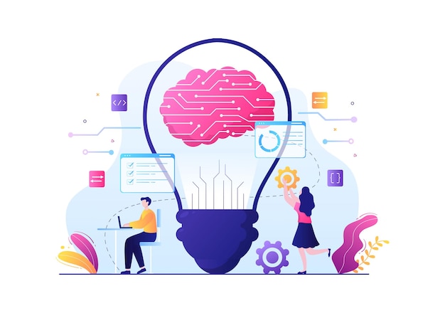 Vector artificial intelligence digital brain technology and engineering concept with programmer data or systems that can be set up in a scientific context. vector illustration