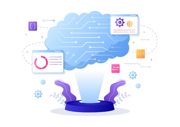 Vector artificial intelligence digital brain technology and engineering concept with programmer data or systems that can be set up in a scientific context. vector illustration