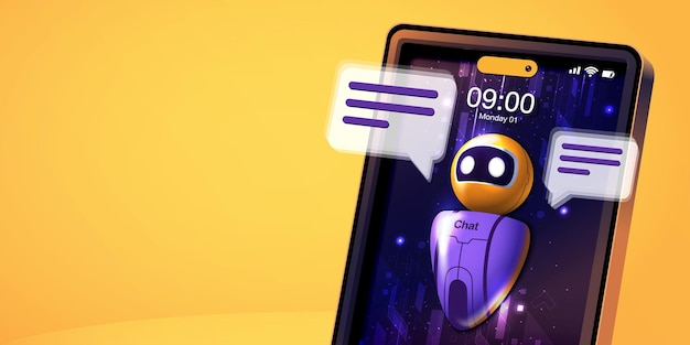 Vector artificial intelligence in humanoid head generative bot for creating ideas on phone