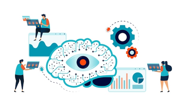 Vector artificial intelligence illustration of analyze data graph errors failures and bugs in programs apps and network systems using ai technology can be used for mobile app website web flyer poster ad