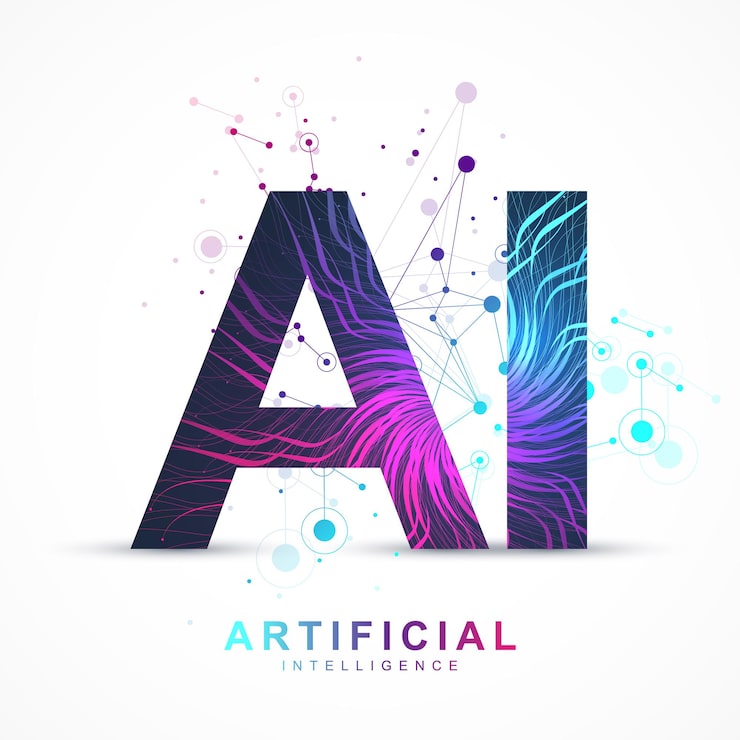 Artificial Intelligence and Machine Learning Vector Concept in Neural Network. AI Web Banner Design with Human Face. Wave Flow Communication. Digital Network for Artificial Intelligence Deep Learning.