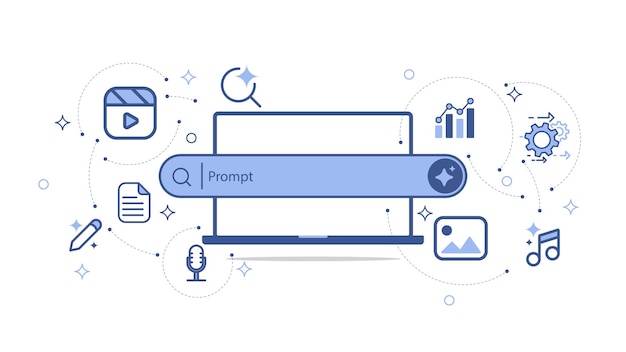Vector artificial intelligence technology concepts laptop with generative bar and media and data icon machine learning and generate input prompt as commands for search and generate vector illustration