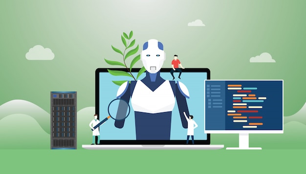 Vector artificial intelligence with robot and technology development construction with programming language with modern flat style.