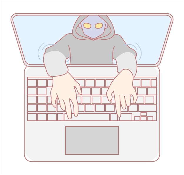 Vector an artistic image of a hacker emerging from a laptop illustrating cyber threats and security risks