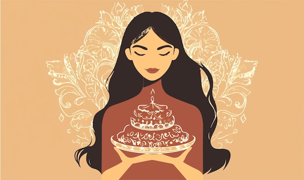 Vector artistic longhaired baker presenting a delectable dessert