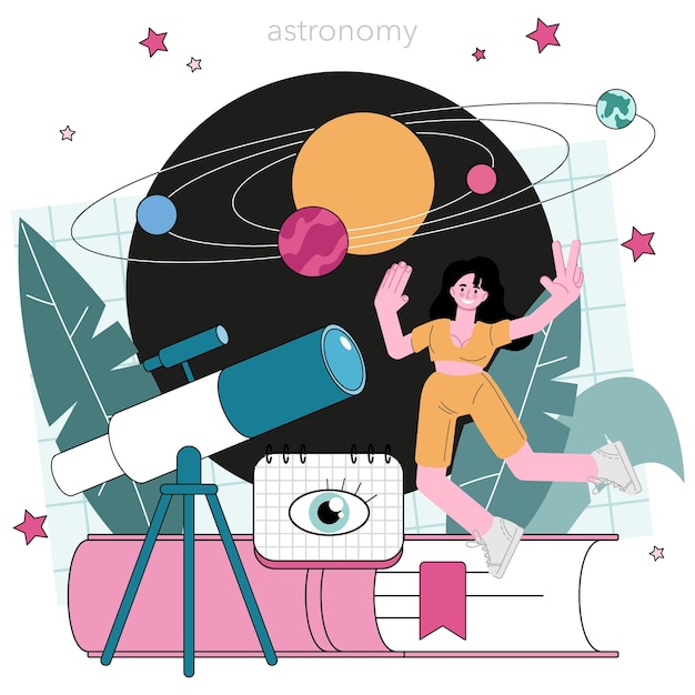 Vector astronomer concept professional scientist looking through a telescope
